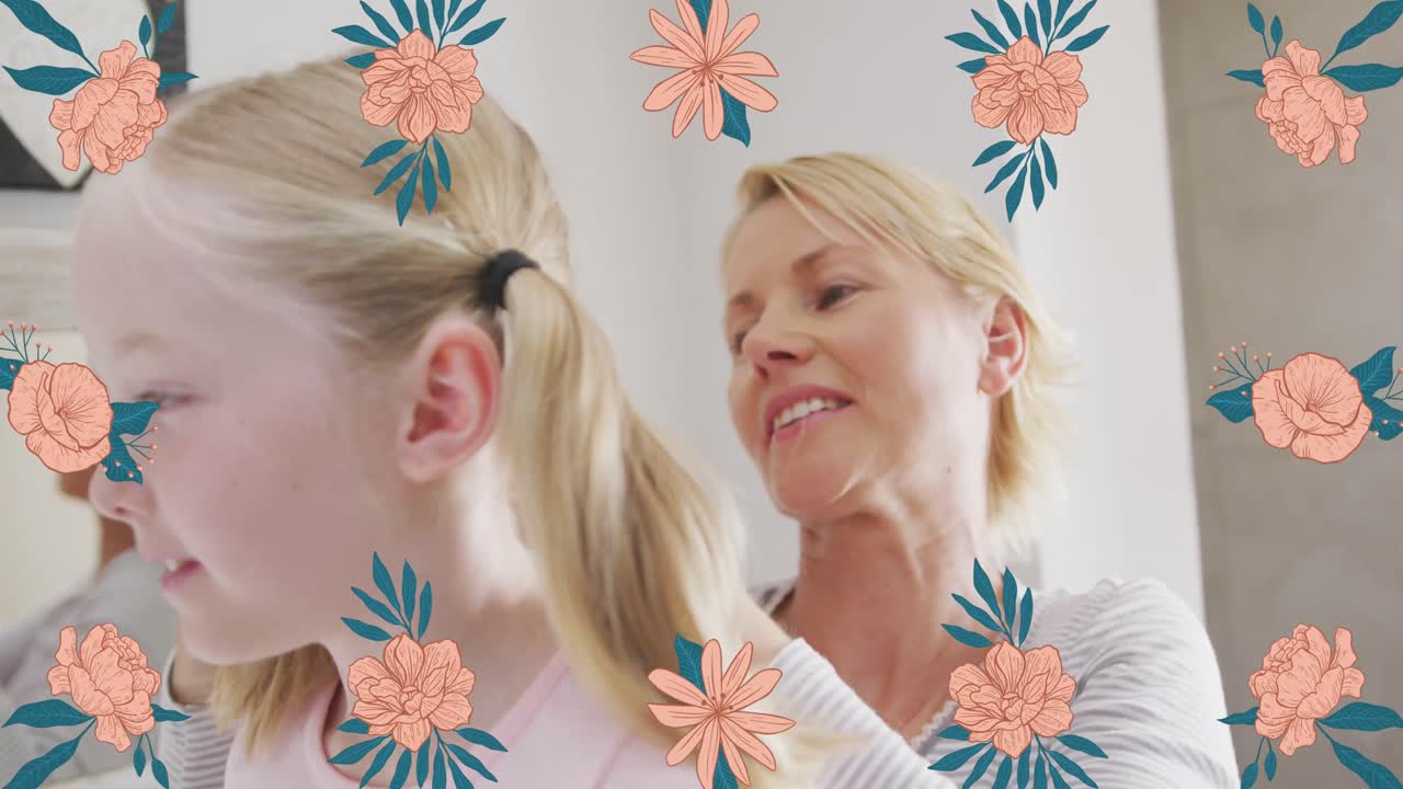 백인 어머니가 딸의 머리카락을 는 꽃의 애니메이션