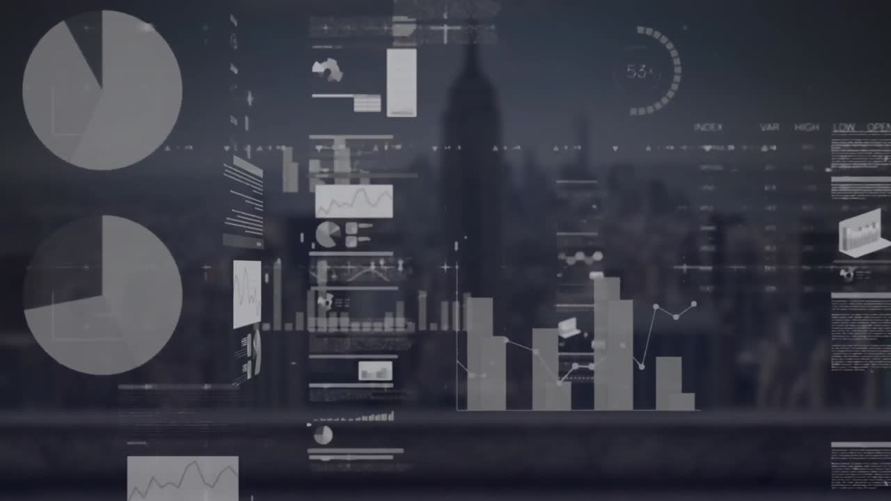 Animation of multiple graphs, loading circle over modern city in background