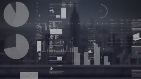 Animation-of-multiple-graphs,-loading-circle-over-modern-city-in-background