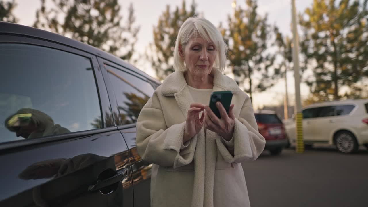 Senior woman using smartphone near car in parking lot