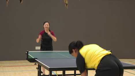 playing table tennis, women competing in indoor sports facility, focusing on game