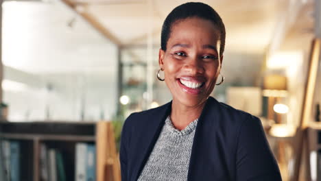 Face,-happy-and-black-woman-in-office-at-night