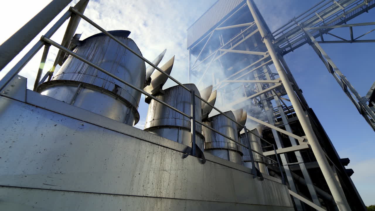 Harmful vapor from industry. Modern building for agribusiness on sky background. White smoke from industrial plant during grain processing. Close-up.