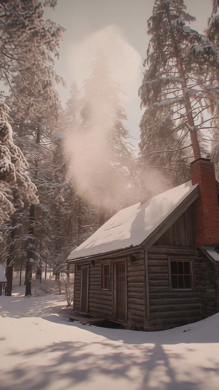 Vertical video: Drifting smoke rising from cabin chimney among snowy pine trees, indicating heating