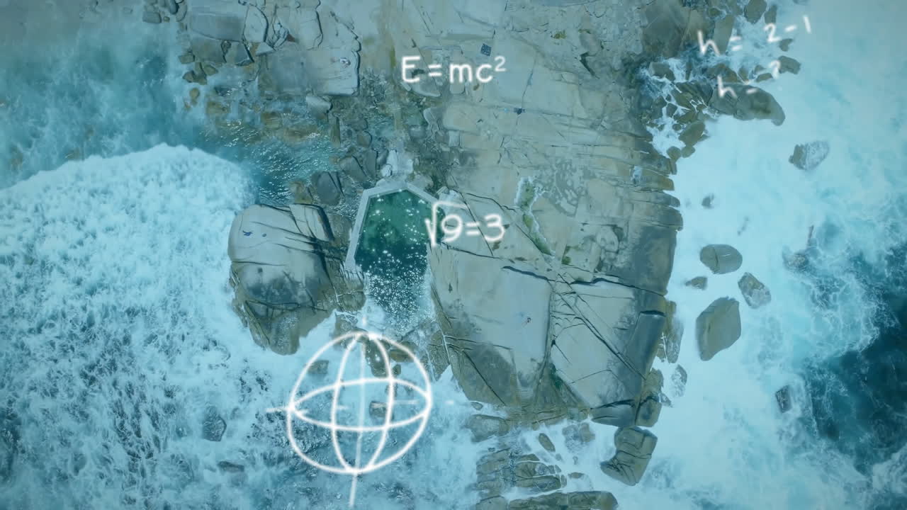 Hexagonal tidal rock pool forming focus, crashing waves showcasing floating digital math formulas