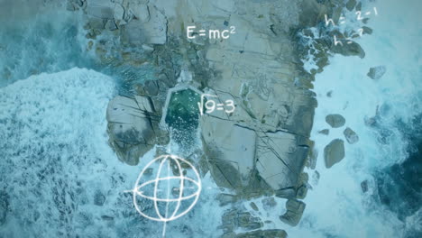 hexagonal tidal rock pool forming focus, crashing waves showcasing floating digital math formulas