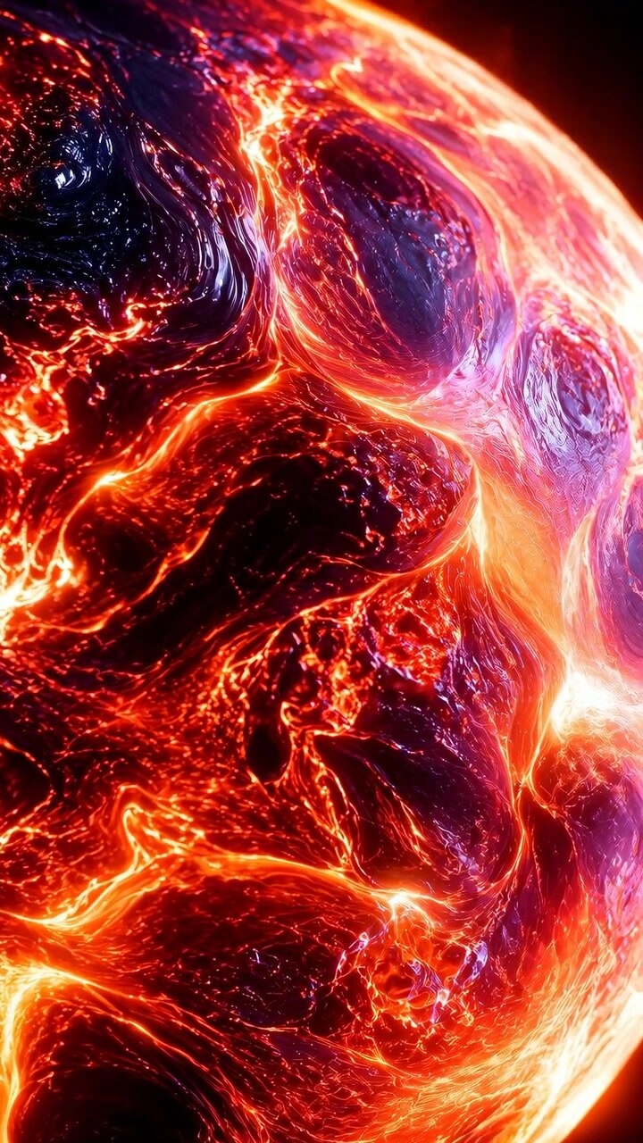 Extreme close-up shows spherical molten surface with bright orange-red veins, thin luminescent filaments, glossy midnight ridges, deep blue shadows, and intense abstract contrast, with molten, lava