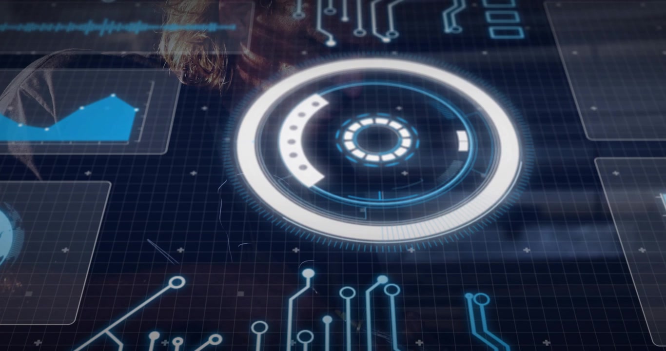 Technology operator starting holographic interface spinning data panels while analyzing dashboard