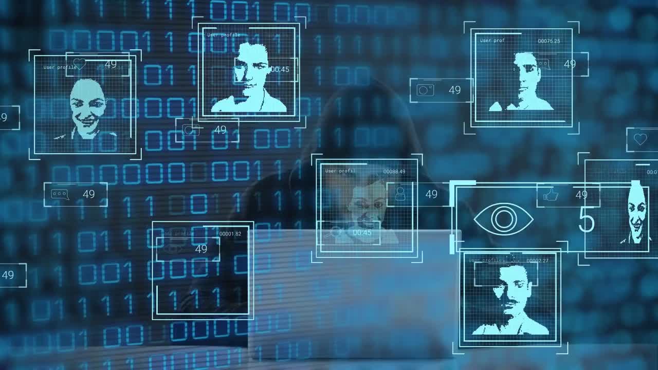 Animation of data processing with diverse people portraits over caucasian male hacker