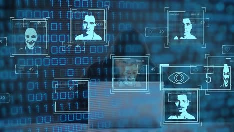animación de procesamiento de datos con retratos de personas diversas sobre hacker masculino caucásico