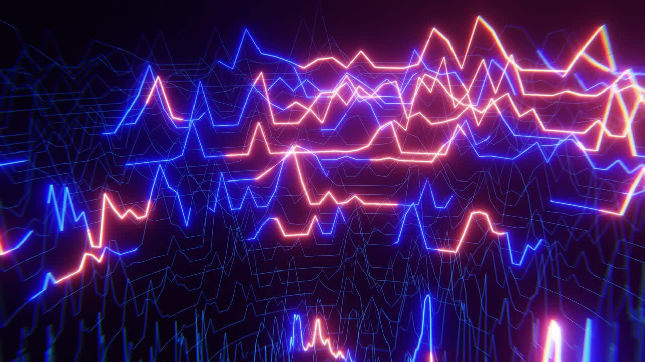 Linee neon luminose astratte in movimento su sfondo scuro.