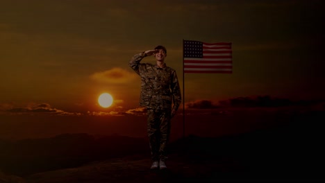 full body of asian man soldier saluting and smiling while standing with flag of the united states, sunset time