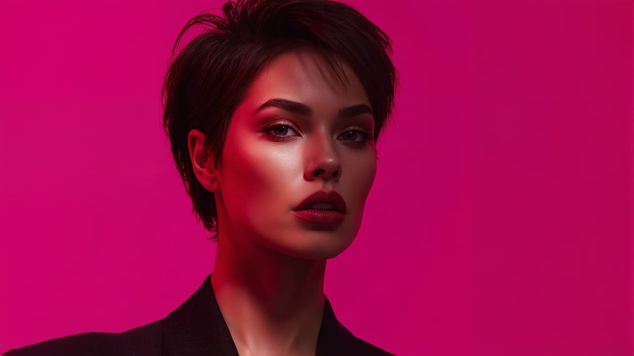Zoom in partenza, modello che si gira, rivolto verso la fotocamera per un ritratto in studio con sfondo magenta, blazer scuro