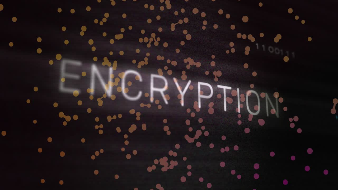 Animation of encryption text, x symbol, circuit board pattern, floating dots forming abstract shapes