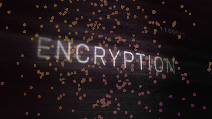 Animation of encryption text, x symbol, circuit board pattern, floating dots forming abstract shapes