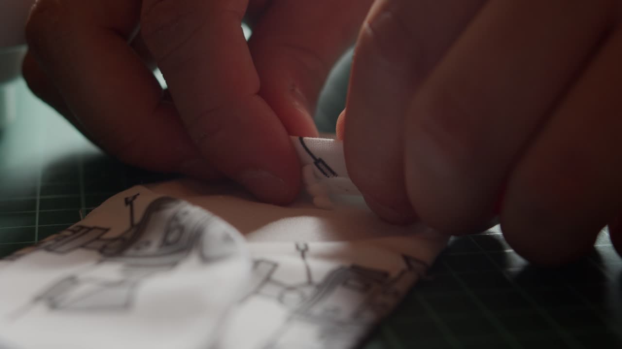 Placing elastic onto mask to be sewn on. Close up slow motion