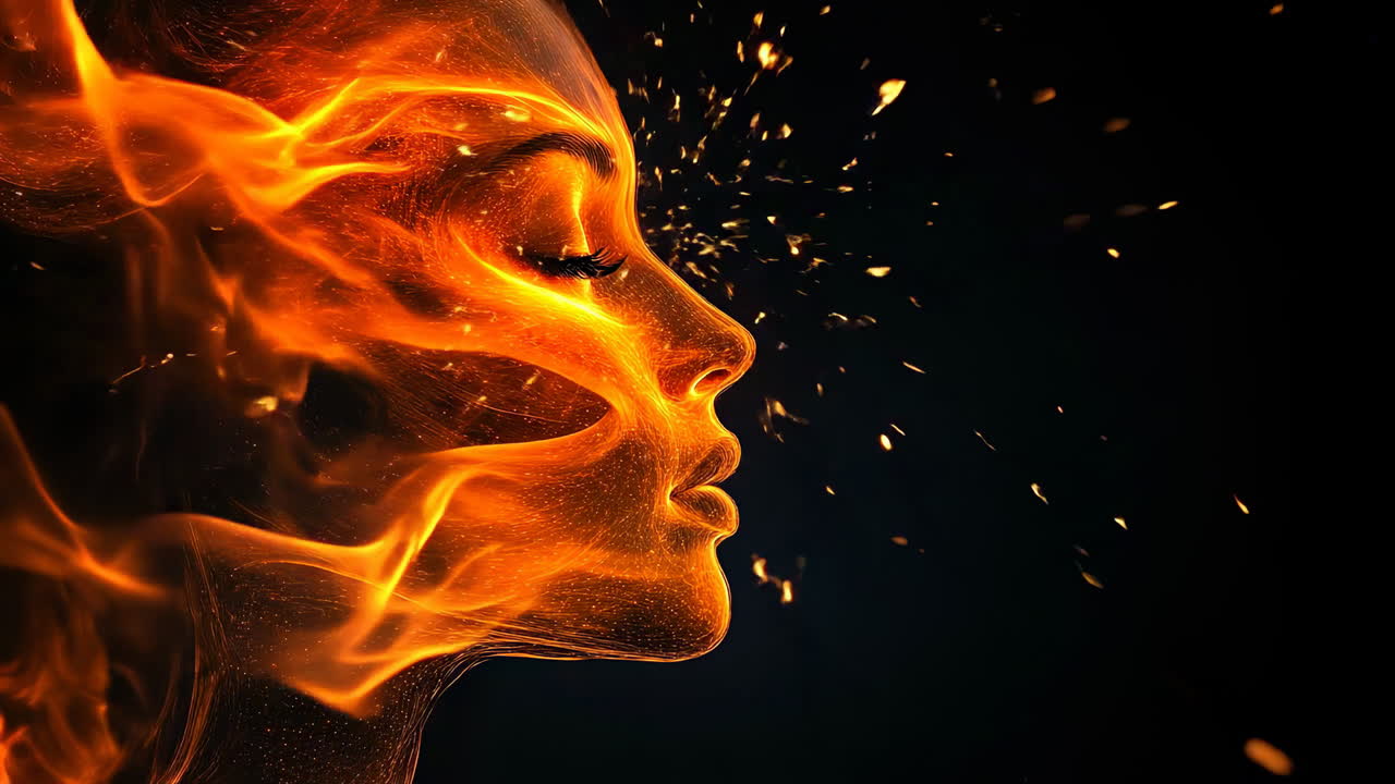 Fiery glow on woman's face. A womans profile is merged with vibrant flames and sparks, creating a striking visual of fire and beauty