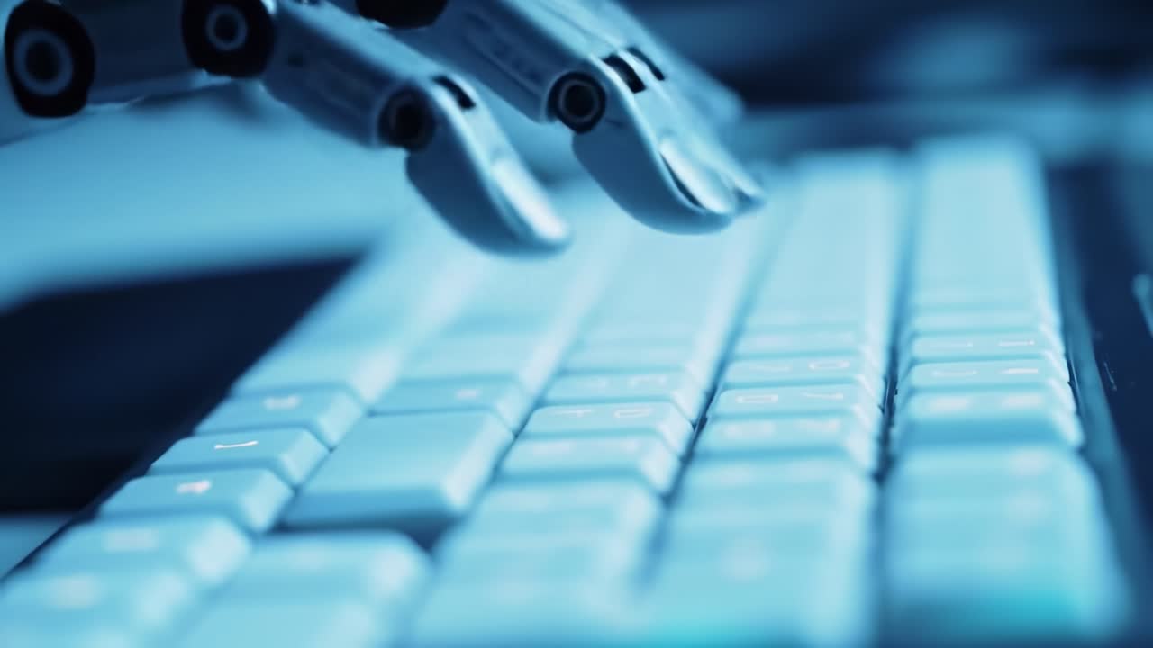 Exploring the Intersection of Technology and Human Interaction: A Robotic Hand Engaged with a Computer Keyboard, Symbolizing the Future of AI and Automation