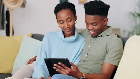Black-couple,-tablet-and-love-bond-while-streaming