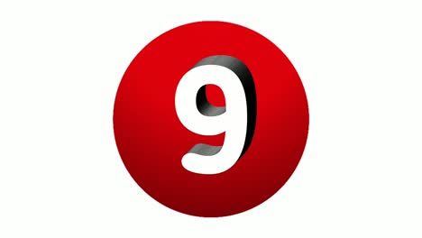 3d número 9 símbolo de nueve signos animación icono de gráficos en movimiento en esfera roja en fondo blanco, número de video de dibujos animados para elementos de video