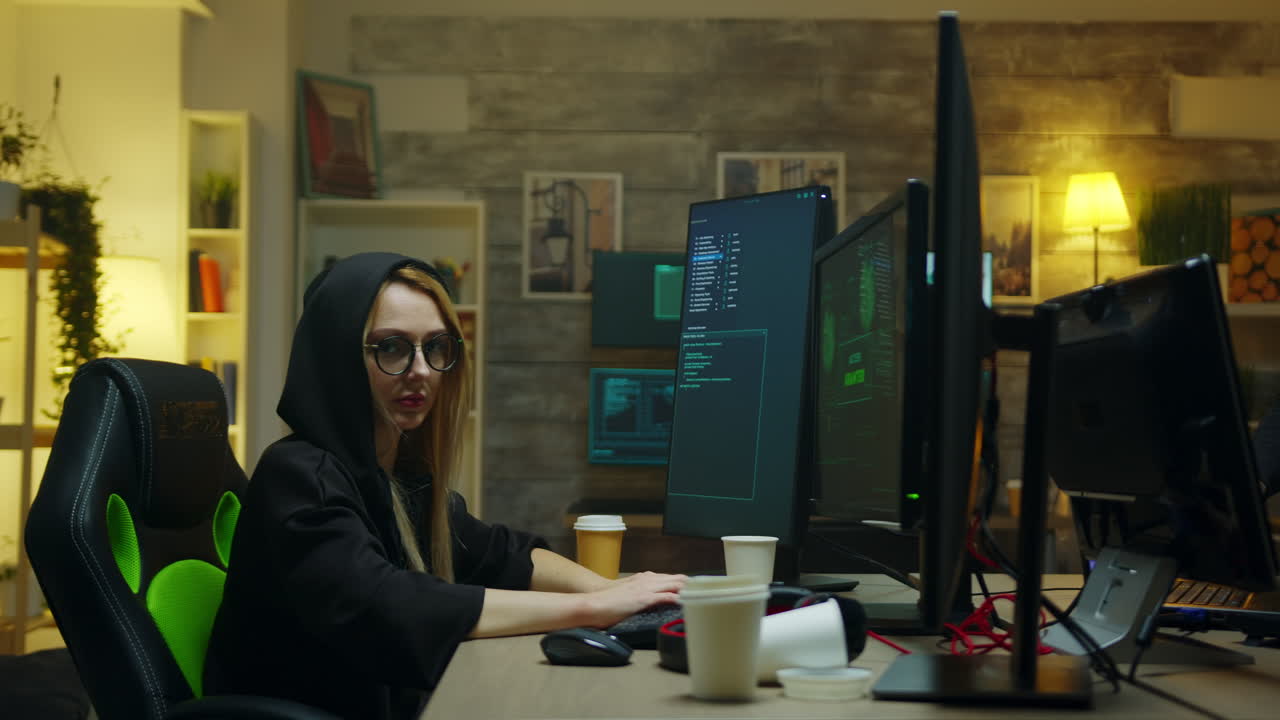 Hacker girl looking into the camera while stealing people identity