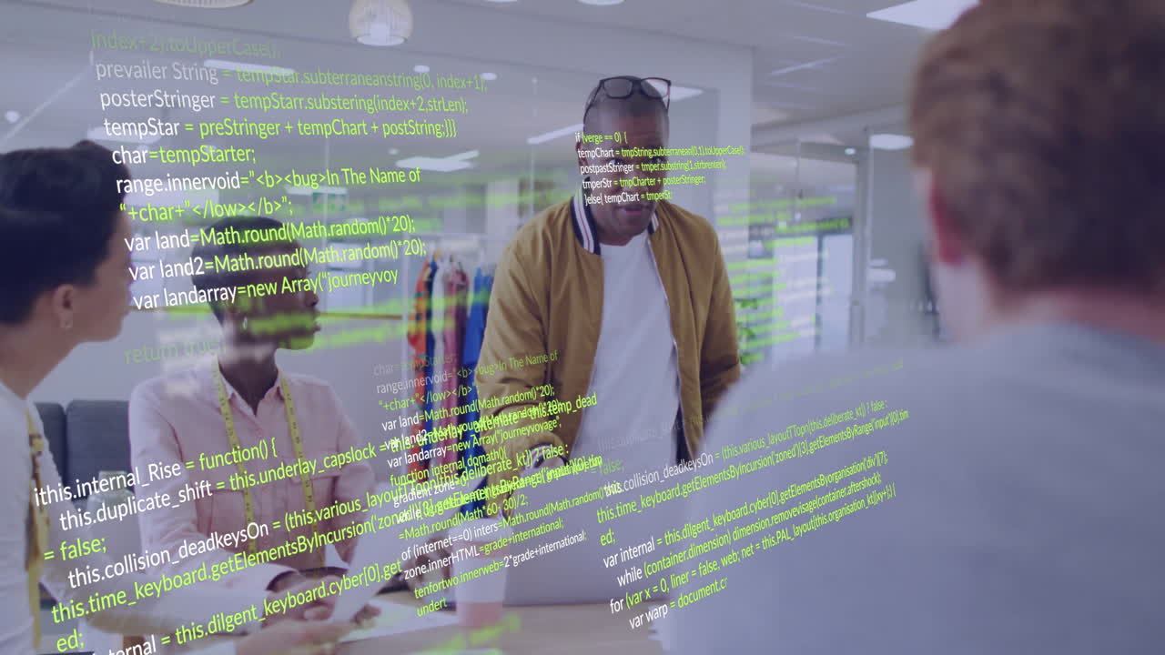 Diverse team collaborating in office with green coding animation overlay