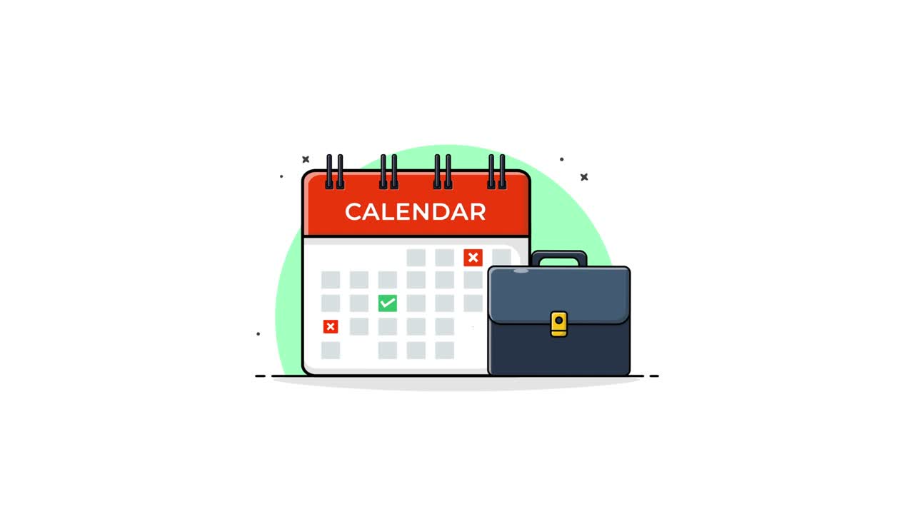 Calendario animato con spunte e valigetta per la pianificazione aziendale