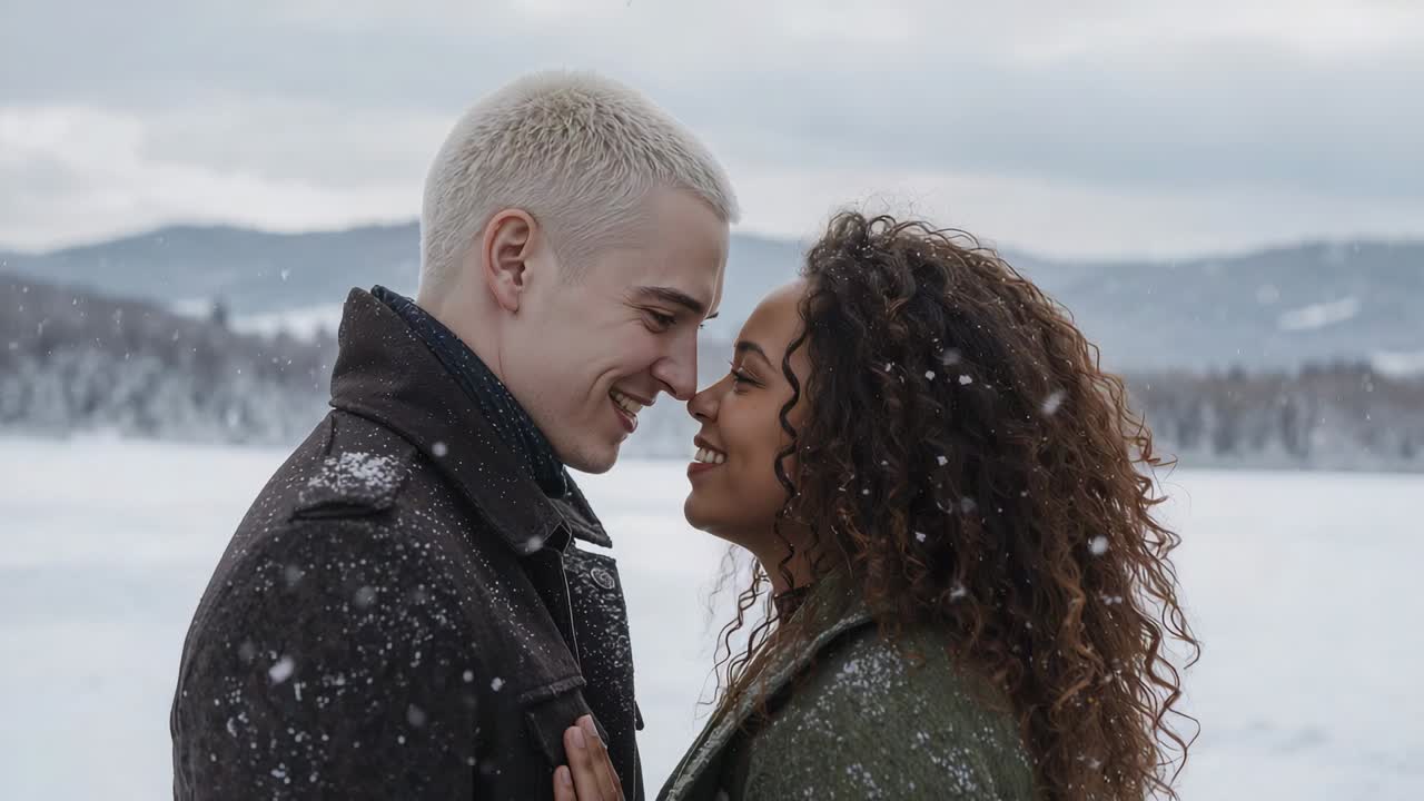 Coppia che si tiene per mano sul petto, indossa un cappotto scuro e un cappotto verde, mentre reagisce alla nevicata in riva al lago
