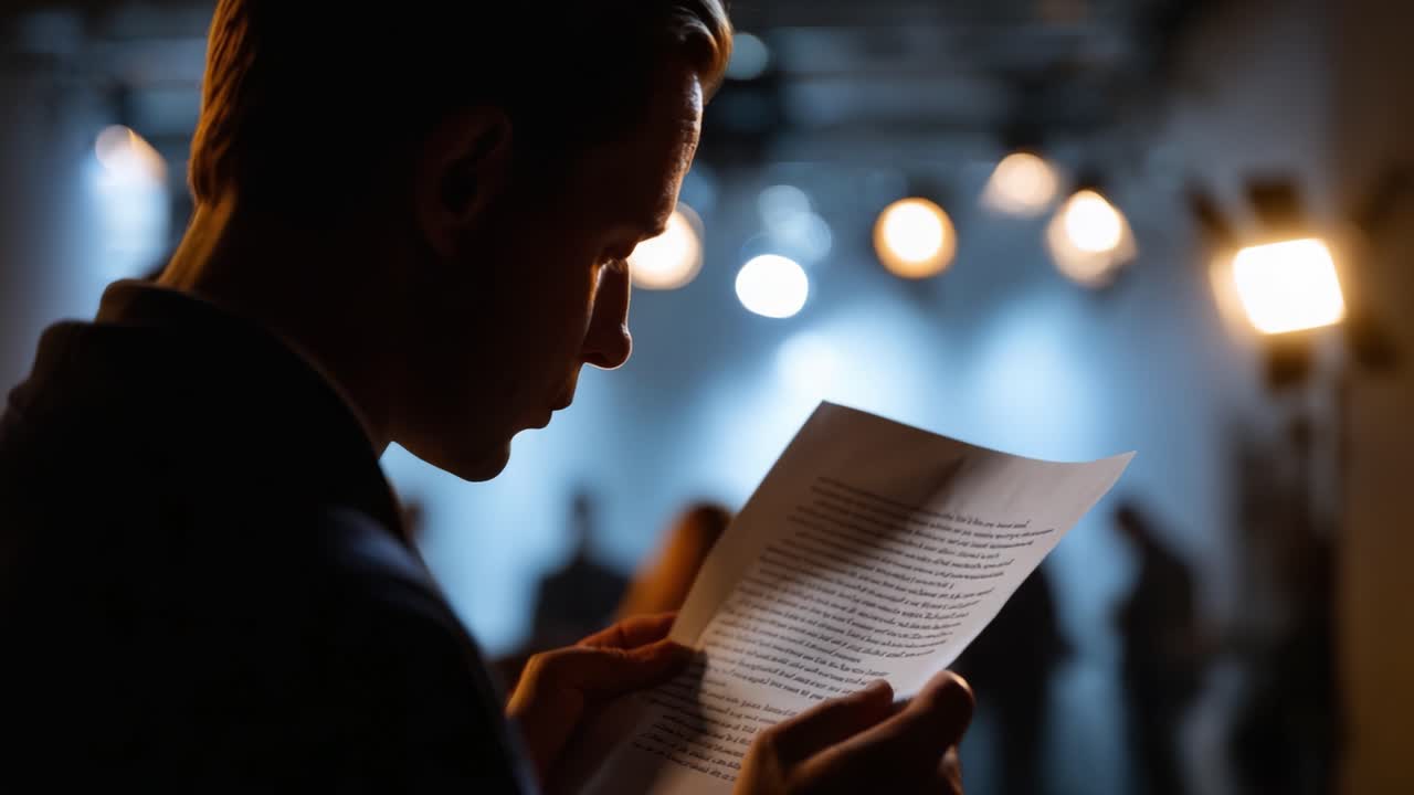 En fokuseret person gennemgår et script under scenelys og forbereder sig til en forestilling, mens silhuetter af andre dvæler i baggrunden, hvilket fremhæver forventningen
