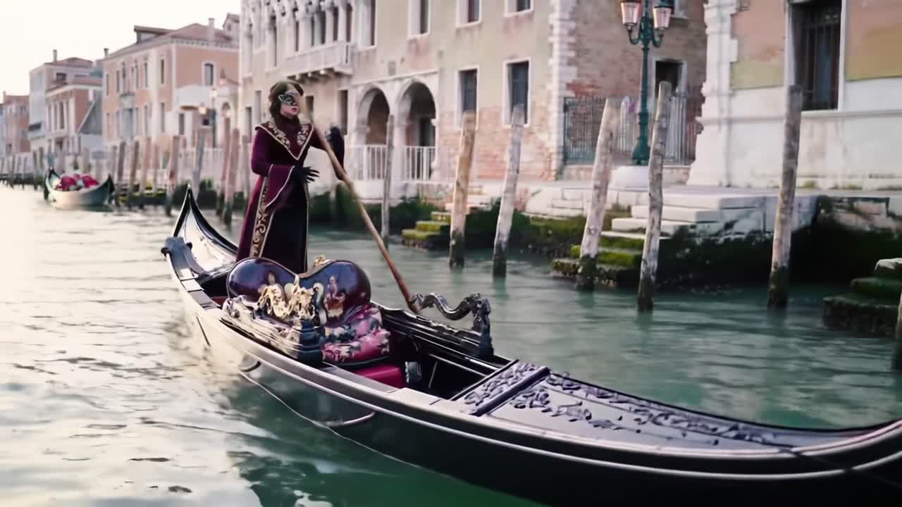 A Majestic Gondolier Dressed in Traditional Attire Navigates the Serene Canals of a European City, Balancing Elegance and History as the Scene Unfolds
