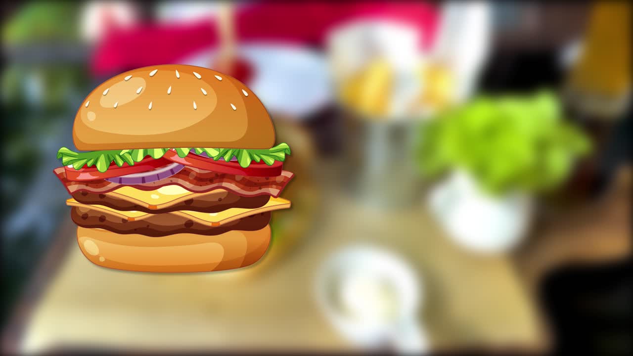 Animation transitions from a real burger to a cartoon with nutritional data, blending realism and illustration