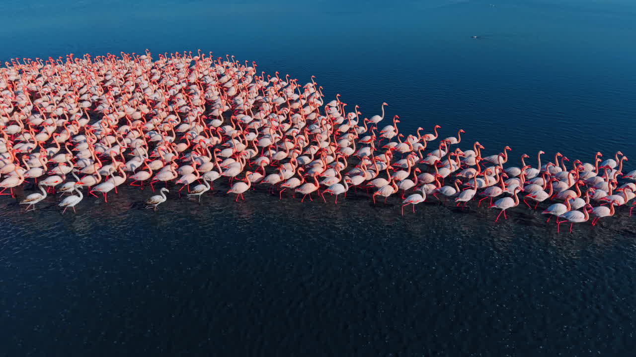 Flamants roses marchant en ligne dans l'eau peu profonde d'un lagon. Vue de drone en plongée de flamants roses dispersés et marchant dans l'eau en plein jour