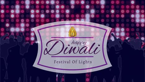 Animation-of-happy-diwali-text-over-dancing-crowd-with-flashing-wall-of-lights
