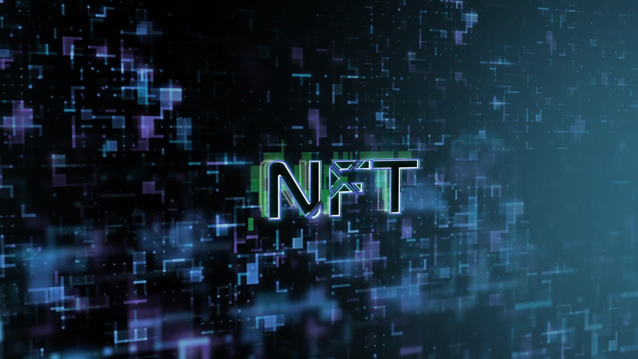 el texto del concepto nft revela la animación con el fondo de la tecnología digital abstracta. representación 3d para blockchain, metaverso, criptomoneda.