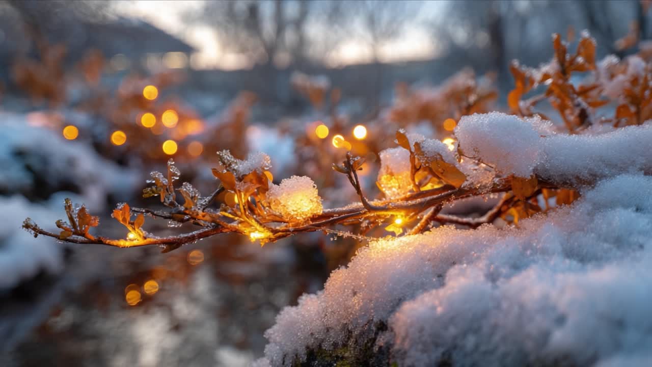 A Beautiful Winter Scene Featuring Glowing Twinkling Lights Intertwined with Frosted Branches and Snow, Creating a Magical and Serene Atmosphere Amidst Nature's Winter Wonder