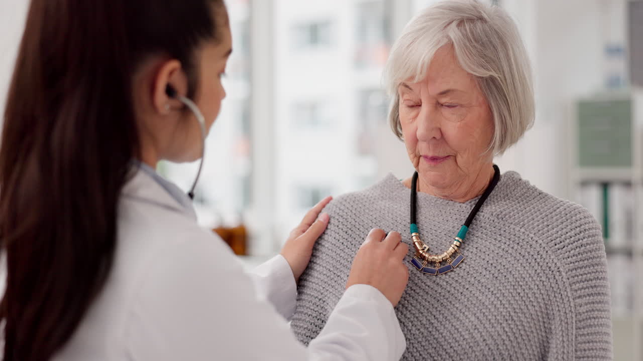 Woman, doctor and heart beat of elderly patient