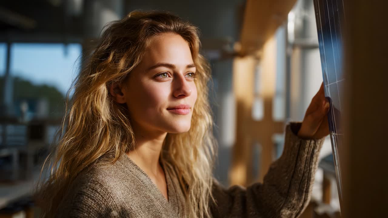 A woman with beautiful wavy hair gazes thoughtfully out of a window, basking in the golden light of the morning sun, her expression serene and contemplative, showcasing a moment of quiet reflection and inner peace