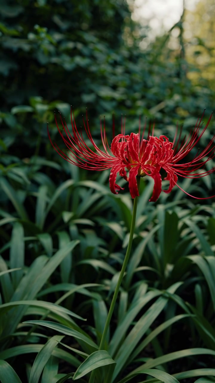 Giglio ragno rosso vibrante in fiore in un giardino lussureggiante