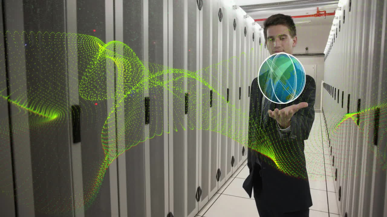 animación de la onda de red amarilla sobre empresario caucásico con red global en la sala de servidores