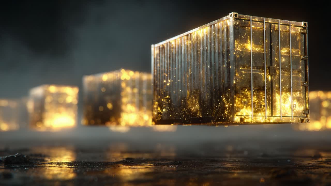 Levitating shipping containers filled with a magical, glowing golden substance floating in a row over a wet, reflective surface, creating a mysterious and futuristic logistics concept