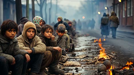 children sitting by the roadside in a somber urban environment