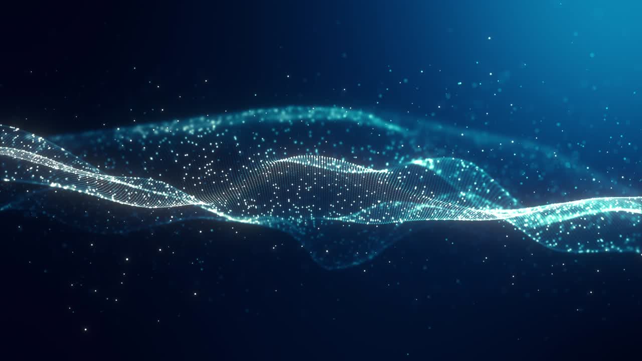 Abstract digital blue color wave with flowing small particles dance motion on wave and light abstract background. Cyber or technology background. Seamless 4K loop.