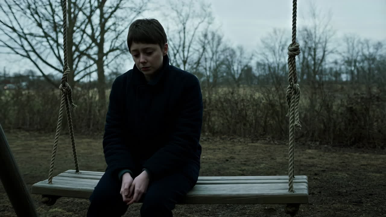 Sad woman sitting on a swing in a gloomy, bare landscape