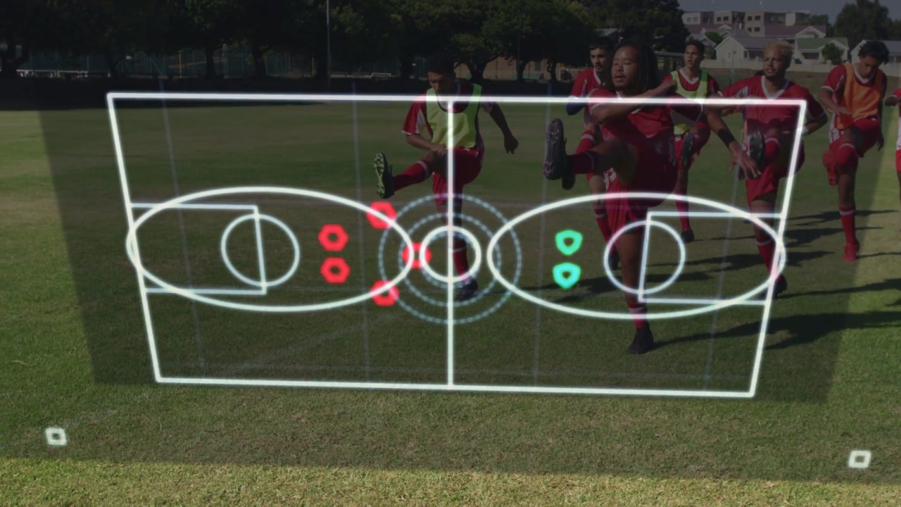 Soccer players advancing, entering causing white pitch overlay with pulsing cyan markers for drill