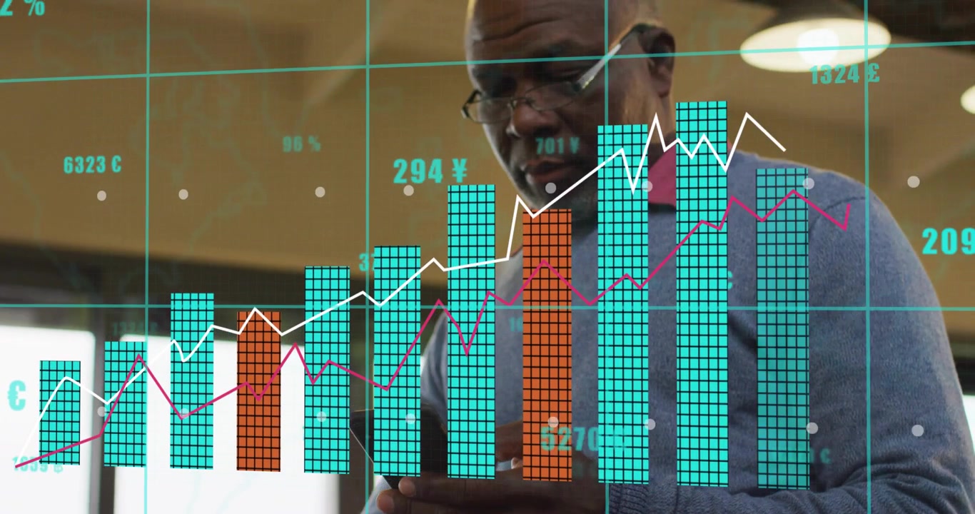 Senior professional opening finance app and tapping table showing animated bar charts for trends