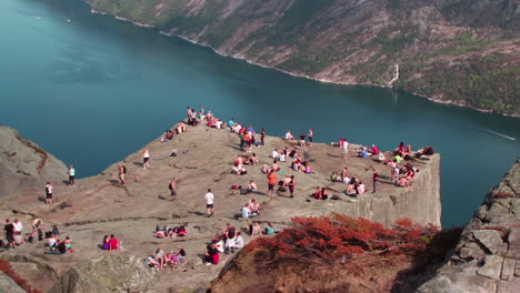 an aerial view time lapse of preacher's pulpit pulpit rock, is a famous tourist attraction in forsand, ryfylke, norway