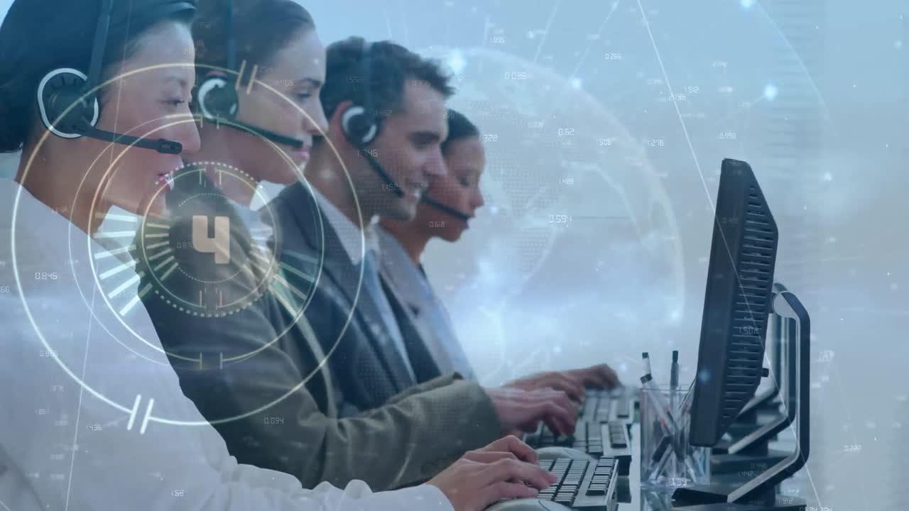 Animation of data processing over diverse business people using phone headsets