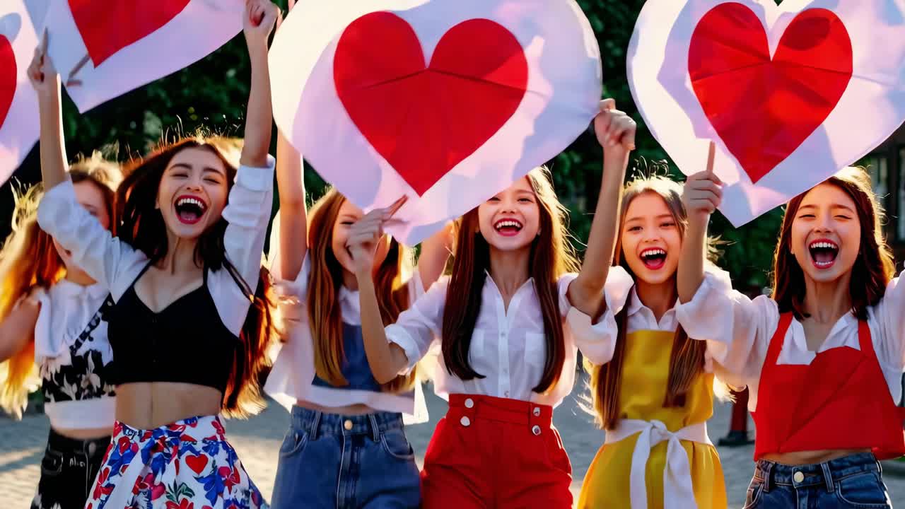 Cheerful female friends standing together, holding oversized white hearts with vibrant red centers, radiating pure happiness and strong emotional connection during sunny outdoor moment