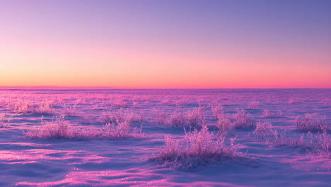 ethereal winter landscape at sunset with frost-covered bushes