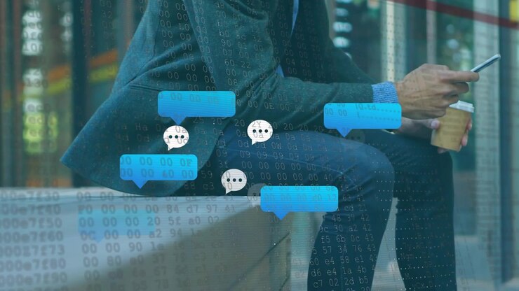 Man sitting on bench tapping phone, tech alerts arriving and spawning chat bubbles and data overlay